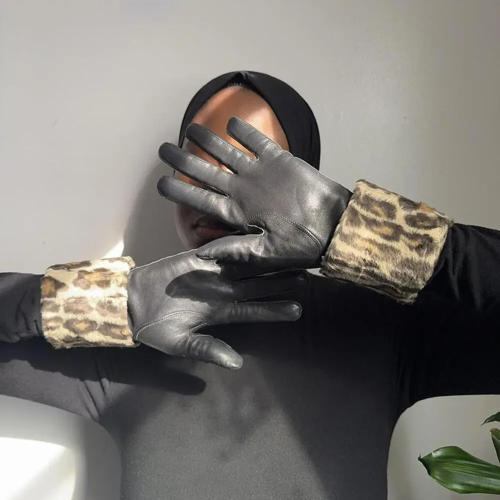Luxe 90s Carolina Amato Leather‎ + Leopard cuff Gloves size 7.5